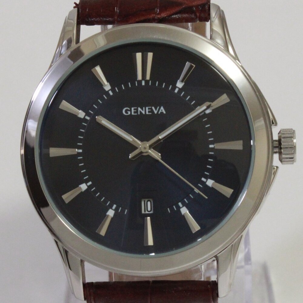 Geneva Men's Dress Watch Silver Tone Navy Blue Dial Brown Strap 42mm - Picture 9 of 13